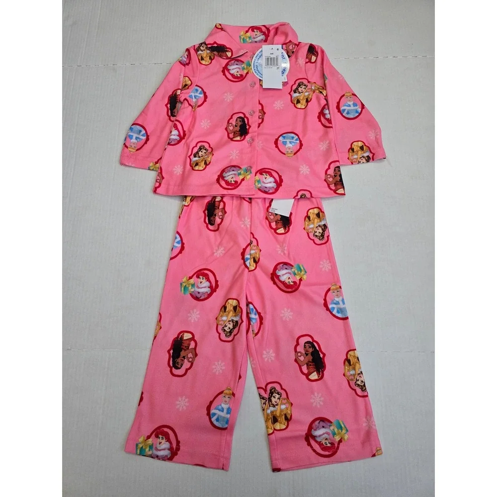 Disney Princess Moana Cinderella Belle Pink Fleece Pajama Set Girls 2T NWT